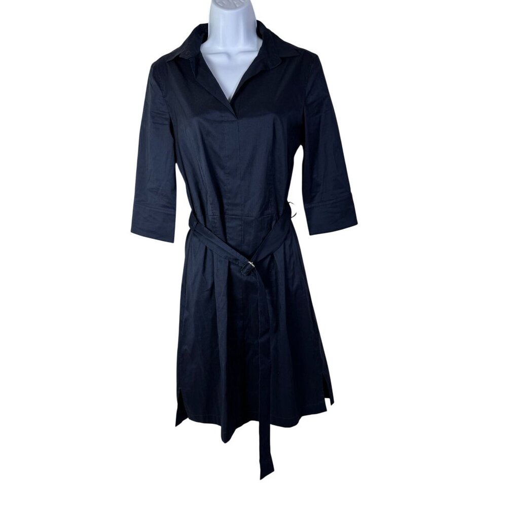 Hugo Boss Navy blue Belted Shirt Dress Women size 4 Modest Careerโ 3/4 Sleeves
